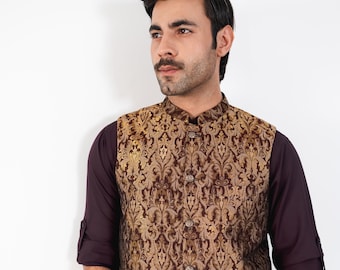 Nawab Plum Koti Waistcoat Mens; Ramadan, Eid, Kurta Pajama, Shalwar Kameez, Thobe; Pakistan & Indian, Wedding, Shaadi, Holi