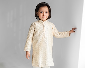 Ivory Silk Mesori Kurta - Baby Boy Kurta Pajama / Shalwar Kameez - Pakistani & Indian, Ramadan, Eid, Wedding, Shaadi, Mehendi, Holi