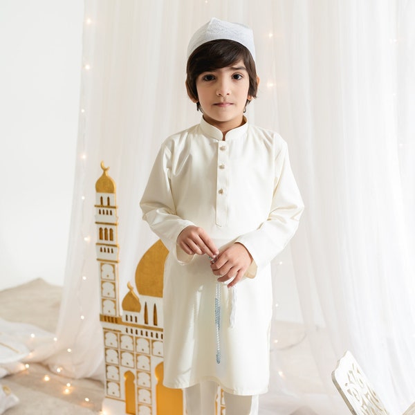 Cream Classic - Baby Boy Kurta Pajama / Shalwar Kameez / Thobe - Desi Pakistani & Indian, Ramadan, Eid, Wedding, Shaadi, Mehendi, Holi