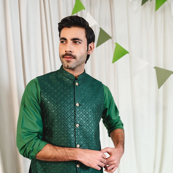 Emerald Green Silk Koti Waistcoat - Mens Kurta Pajama /Shalwar Kameez / Thobe -Pakistani & Indian, Ramadan, Eid, Wedding, Shaadi, Mehendi