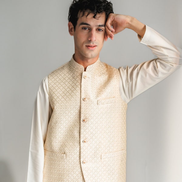 Ivory Mesori Embroidery Koti Waistcoat Mens; Ramadan, Eid, Kurta Pajama, Shalwar Kameez, Thobe; Pakistan & Indian, Wedding, Shaadi, Holi
