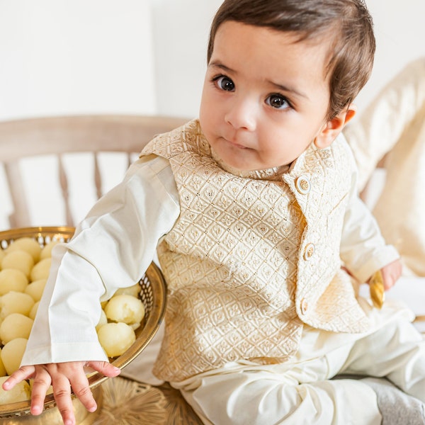 Ivory Embroidery Koti Waistcoat Baby Kids; Ramadan, Eid, Kurta Pajama, Shalwar Kameez, Thobe; Pakistan & Indian, Wedding, Shaadi, Holi