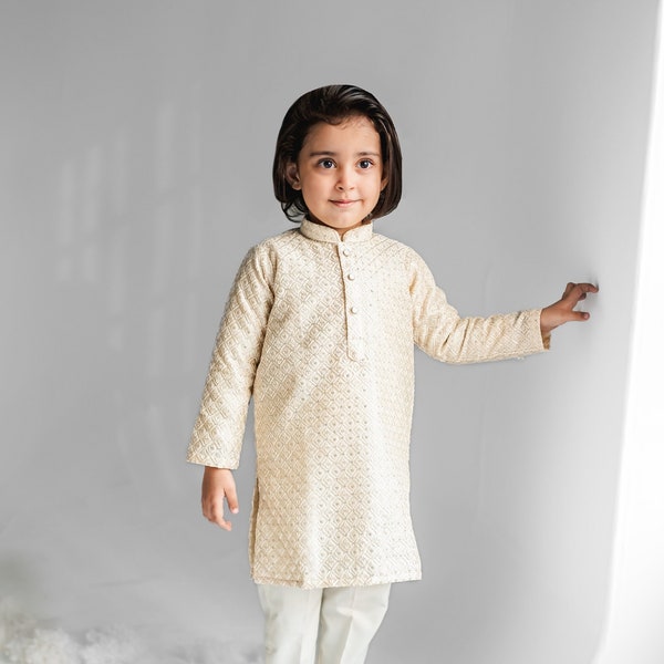 Ivory Silk Mesori Kurta - Baby Boy Kurta Pajama / Shalwar Kameez - Pakistani & Indian, Ramadan, Eid, Wedding, Shaadi, Mehendi, Holi