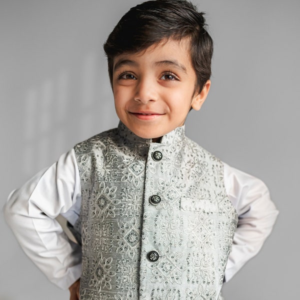 Chandi Grey Embroidery Koti Waistcoat Baby Kids; Ramadan, Eid, Kurta Pajama, Shalwar Kameez, Thobe; Pakistan & Indian, Wedding, Shaadi, Holi