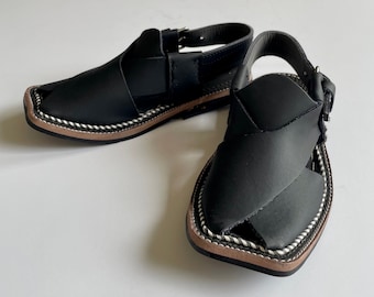 Black 100% Leather Baby and Kids Peshawari Chappal Sandals - Boy Desi Pakistani Indian Style, for Muharram, Wedding, Shaadi, Mehendi, Diwali