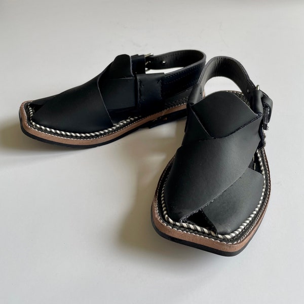 Black 100% Leather Baby and Kids Peshawari Chappal Sandals - Boy Desi Pakistani Indian Style, for Muharram, Wedding, Shaadi, Mehendi, Diwali