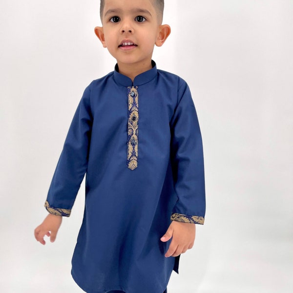 Blue Navy Zari - Baby Boy Kurta Pajama / Shalwar Kameez / Thobe - Desi Pakistani & Indian, Ramadan, Eid, Wedding, Shaadi, Mehendi, Holi