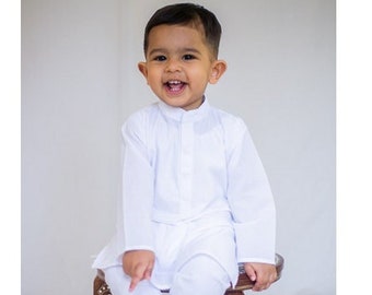 White Kurta Classic - Baby Boy Kurta Pajama / Shalwar Kameez / Thobe - Desi Pakistani & Indian, Ramadan, Eid, Wedding, Shaadi, Mehendi, Holi