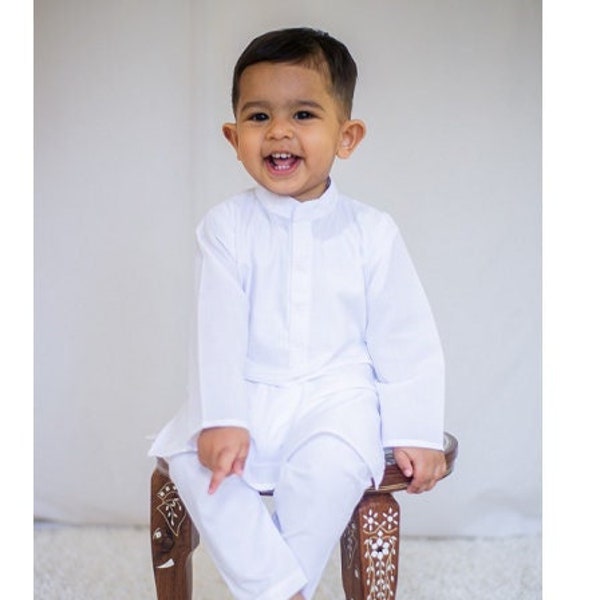 White Kurta Classic - Baby Boy Kurta Pajama / Shalwar Kameez / Thobe - Desi Pakistani & Indian, Ramadan, Eid, Wedding, Shaadi, Mehendi, Holi