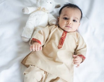 Tan Zari - Baby Boy Kurta Pajama Set / Shalwar Kameez / Thobe - Desi Pakistani & Indian, Ramadan, Eid, Wedding, Shaadi, Mehendi, Holi