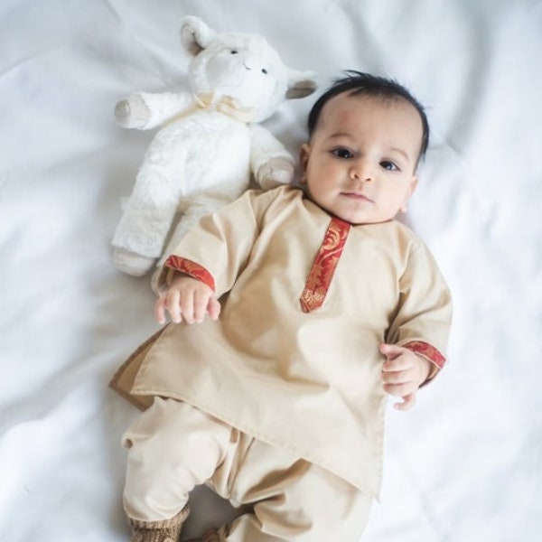 Tan Zari - Baby Boy Kurta Pajama Set / Shalwar Kameez / Thobe - Desi Pakistani & Indian, Ramadan, Eid, Wedding, Shaadi, Mehendi, Holi