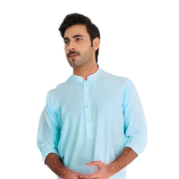 Mens Asemaan - Sky Blue Kurta Classic - Kurta Pajama / Shalwar Kameez - Pakistani & Indian, Ramadan, Eid, Wedding, Shaadi, Mehendi, Holi