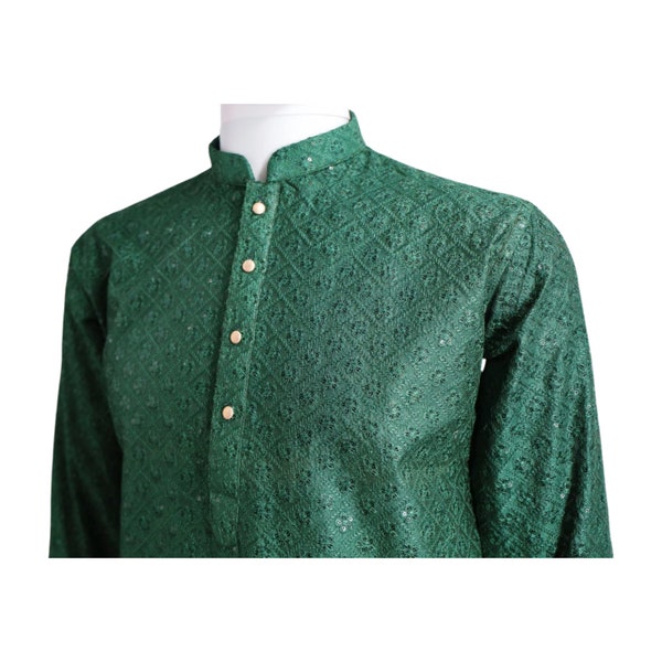 Emerald Silk Green Mesori Kurta - Mens Kurta Pajama / Shalwar Kameez - Pakistani & Indian, Ramadan, Eid, Wedding, Shaadi, Mehendi, Holi