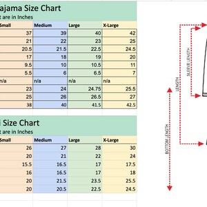 May include: Size chart for men's kurta and pajama sets, with measurements in inches. The chart includes length, chest, stomach, shoulder, sleeve, and pajama measurements for sizes small, medium, large, and extra large. A diagram shows the measurements on a man wearing a kurta and pajama set.