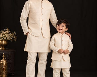 Ivory Mesori Embroidery Koti Waistcoat for Men | Pakistani Indian Kurta Pajama | Eid, Diwali, Wedding, Mehndi, Shaadi, Sangeet, Festive Wear