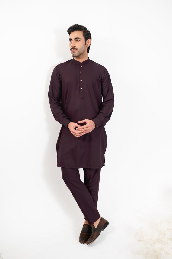 Plum Kurta Classic - Mens Kurta Pajama / Shalwar Kameez - Pakistani & Indian, Ramadan, Eid, Wedding, Shaadi, Mehendi, Holi