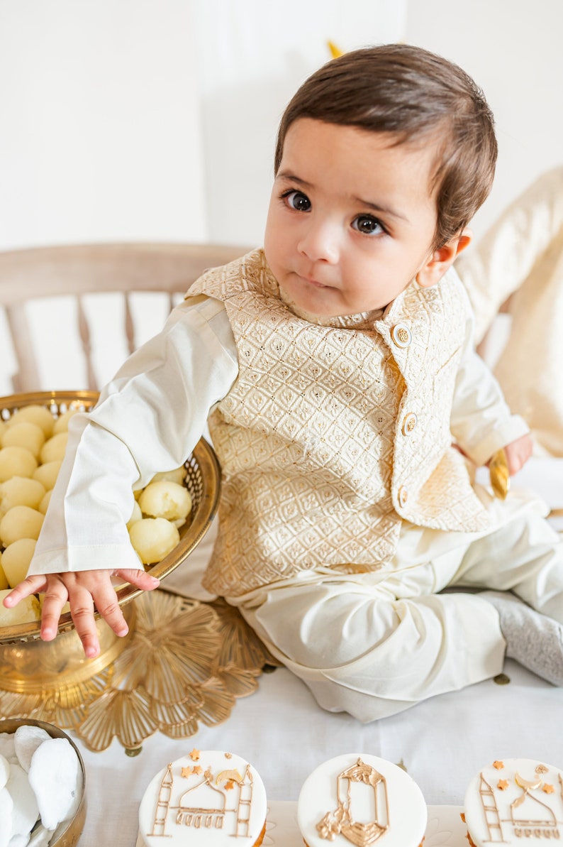 Ivory Embroidery Koti Waistcoat Baby Kids; Ramadan, Eid, Kurta Pajama, Shalwar Kameez, Thobe; Pakistan & Indian, Wedding, Shaadi, Holi image 1