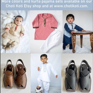 May include: Three boys wearing traditional Indian clothing, including a pink kurta pajama set, a white kurta pajama set, and a blue kurta pajama set. The boys are wearing brown leather sandals. The image also includes a text overlay that says "More colors and kurta pajama sets available on our Choti Koti Etsy shop and at www.chotikoti.com."