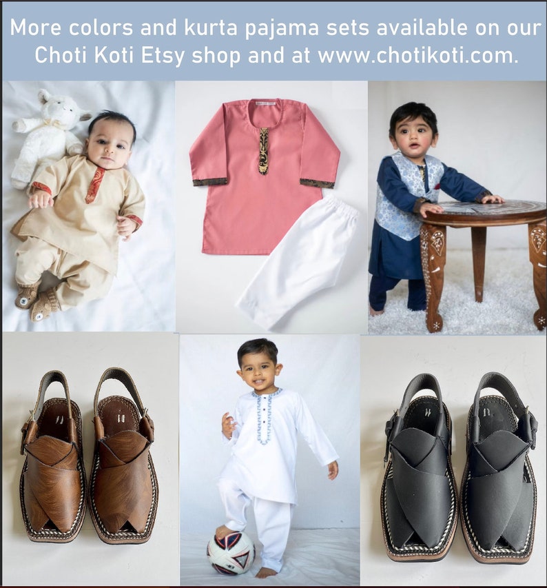 May include: Three boys wearing traditional Indian clothing, including a pink kurta pajama set, a white kurta pajama set, and a blue kurta pajama set. The boys are wearing brown leather sandals. The image also includes a text overlay that says "More colors and kurta pajama sets available on our Choti Koti Etsy shop and at www.chotikoti.com."