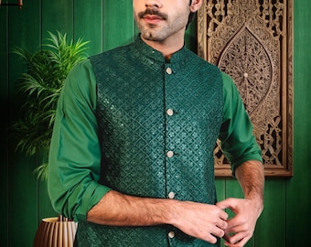 Emerald Green Silk Koti väst - Herr Kurta Pyjama /Shalwar Kameez / Thobe -Pakistan & Indian, Ramadan, Eid, Bröllop, Shaadi, Mehendi