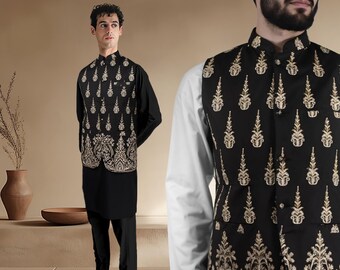 Svart + guldbroderi Koti väst Herr; Ramadan, Eid, Kurta Pyjama, Shalwar Kameez, Thobe; Pakistan och indiska, Bröllop, Shaadi, Holi