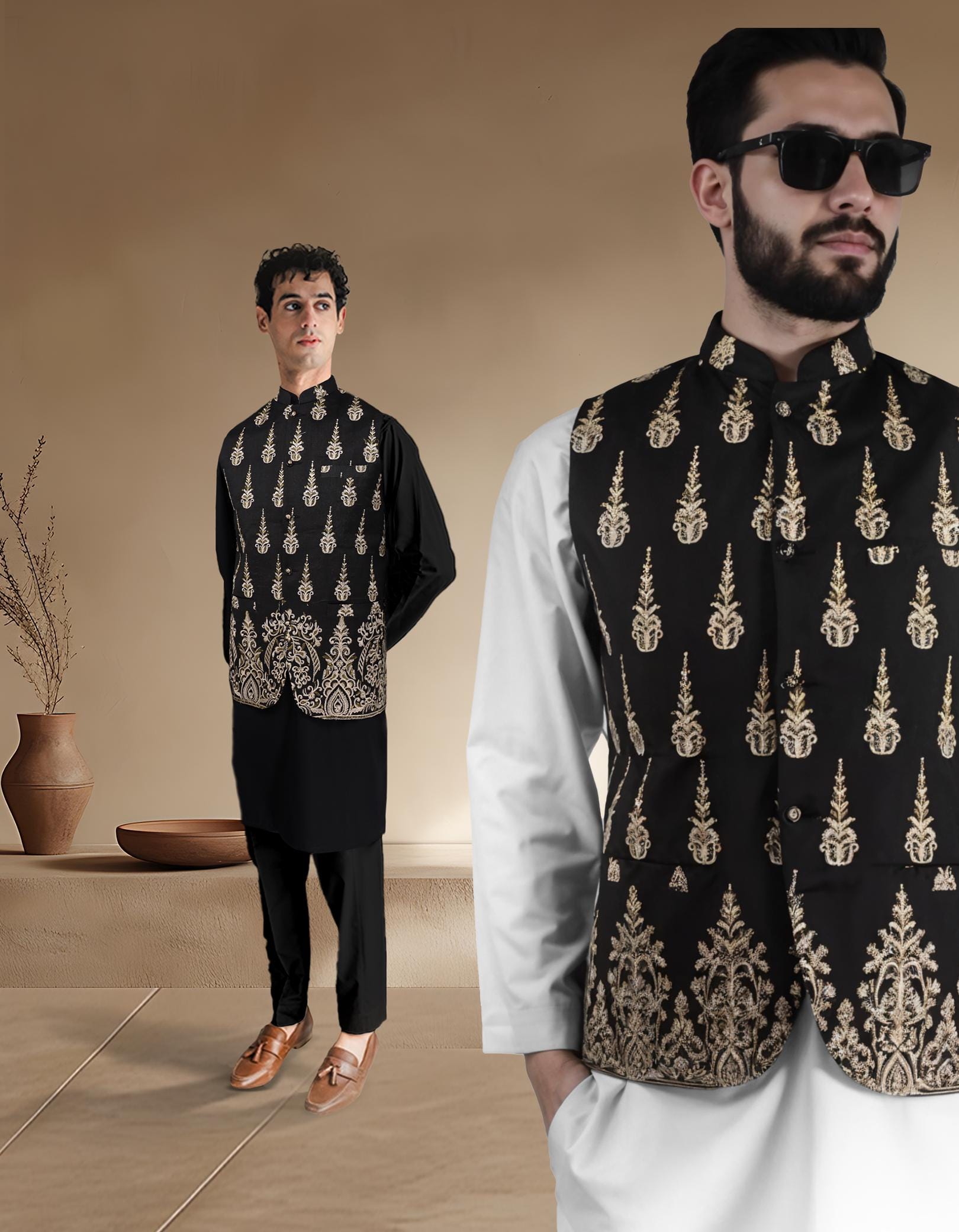 Black + Gold Embroidery Koti Waistcoat Mens; Ramadan, Eid, Kurta
