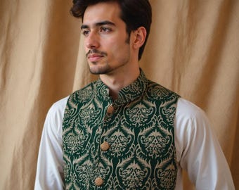 Joon Embroidery Green Koti / Waist Coat - Herr Kurta Pyjama /Shalwar Kameez /Thobe -Pakistan & Indian, Ramadan, Eid,Bröllop, Shaadi,Mehendi