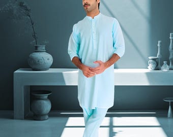 Mens Asemaan - Sky Blue Kurta Classic - Kurta Pajama / Shalwar Kameez - Pakistani & Indian, Ramadan, Eid, Wedding, Shaadi, Mehendi, Holi