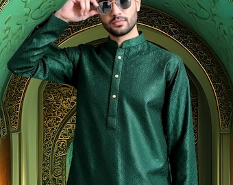 Emerald Silk Green Mesori Kurta - Mens Kurta Pajama / Shalwar Kameez - Pakistani & Indian, Ramadan, Eid, Wedding, Shaadi, Mehendi, Holi
