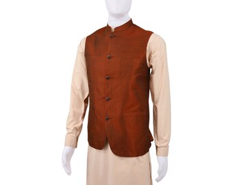 Rust Silk Koti Waistcoat Mens; Ramadan, Eid, Kurta Pajama, Shalwar Kameez, Thobe; Pakistan & Indian, Wedding, Shaadi, Holi