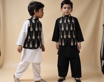 Svart + guld broderi Koti väst Baby Kid; Ramadan, Eid, Kurta Pyjama, Shalwar Kameez, Thobe; Pakistan och indiska, Bröllop, Shaadi, Holi
