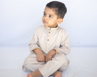 Tan Embroidered - Baby Boy Kurta Pajama / Shalwar Kameez / Thobe - Desi Pakistani & Indian, Ramadan, Eid, Wedding, Shaadi, Mehendi, Holi