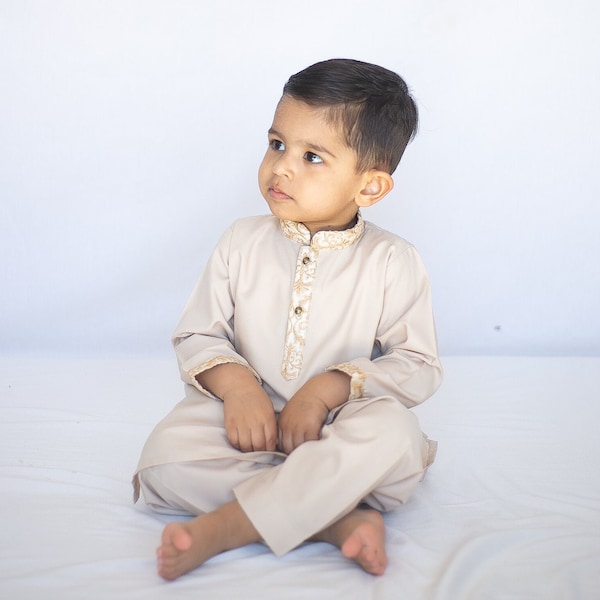 Tan Embroidered - Baby Boy Kurta Pajama / Shalwar Kameez / Thobe - Desi Pakistani & Indian, Ramadan, Eid, Wedding, Shaadi, Mehendi, Holi