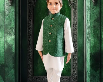 Smaragdgrön siden Koti väst; Baby Ramadan, Eid, Kurta Pyjama, Shalwar Kameez, Thobe; Pakistan och indiska, Bröllop, Shaadi, Holi