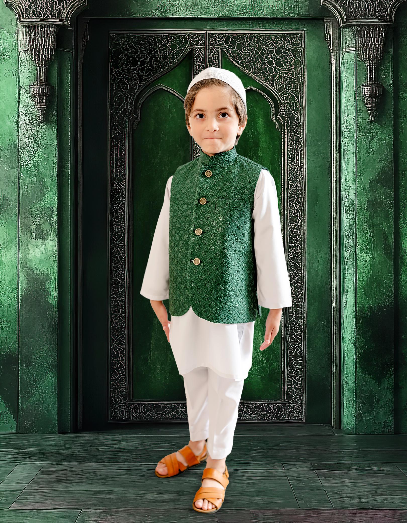 Emerald Green Silk Koti Waistcoat; Baby Ramadan, Eid, Kurta Pajama, Shalwar Kameez, Thobe; Pakistan & Indian, Wedding, Shaadi, Holi