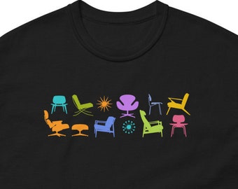 Mid Century Muebles modernos diseño colorido camiseta. Camisa de diseño de la era Eames