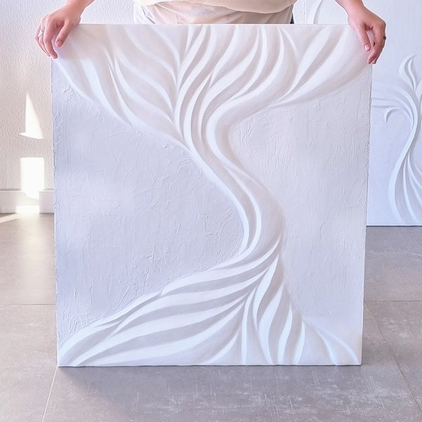 White Tree Of Life Plaster Painting, Symbolizes Connection & Unity, Handmade Minimalist Bas Relief For Contemporary Home Decor