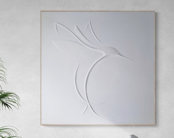 Minimalist Hummingbird Plaster Wall Decoration, 3D Wall Art For Midcentury Modern Decor, Abstract Hummingbird Art Bas Relief