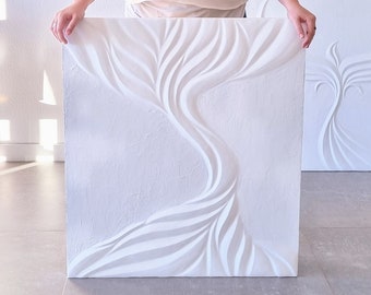 White Tree Of Life Plaster Painting Symbolizes Eternal Flow & Renewal, Minimalist Bas Relief For Modern Home Decor
