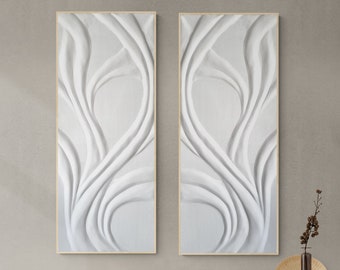 Matching 2 Piece Minimalist White Plaster Art, White 3D Wall Art For Southwestern Decor