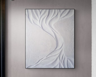 White Tree Of Life Plaster Painting, Large Wall Art Symbolizes Eternal Flow&Renewal, Minimalist Bas Relief For Midcentury Modern Home Decor