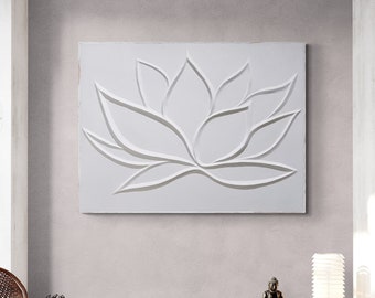 Abstract Lotus Flower Plaster Painting | Large Lotus Flower Wall Art | Plaster Bas Relief For Midcentury Modern Home Decor