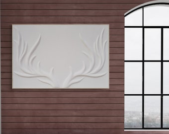 White Deer Antlers Painting | Minimalist Plaster Wall Art | Bas Relief For Western Decor & Lodge Decor