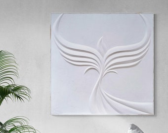 White Phoenix Painting For Midcentury Modern Decor | Phoenix Rising Art Symbolizes Rebirth & Renewal | 3D Plaster Wall Decoration