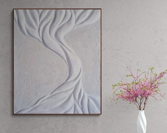 White Tree Of Life Plaster Painting | 3D Abstract Art Wall Decoration | Bas Relief For Midcentury Modern Decor