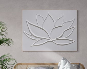 Minimalist Lotus Flower Plaster Painting | Lotus Flower Art Symbolizes Strength & Renewal | Bas Relief For Midcentury Modern Home Decor