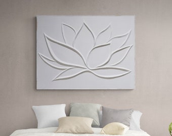 Minimalist Lotus Flower Plaster Painting | Lotus Flower Art Symbolizes Strength & Renewal | Bas Relief For Midcentury Modern Home Decor