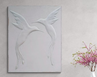 Together by Noga Falk. Minimalist Modern Sculpture. White Sculpture. Hummingbird Handcrafted Wall Art. Art Deco. Bas Relief.