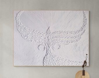 White Textured Phoenix Rising Art | Symbolizes Rebirth & Renewal | Minimalistic 3D Plaster Art | Bas Relief Wall Art for Home Decor