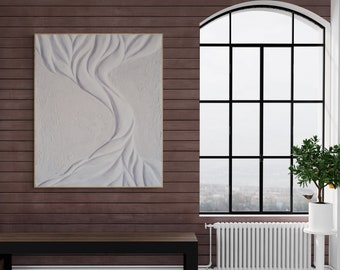 Tree Of Life Plaster Painting | 3D Wall Art Symbolizes Eternal Flow & Renewal | Minimalist Bas Relief For Lodge And Cabin Decor